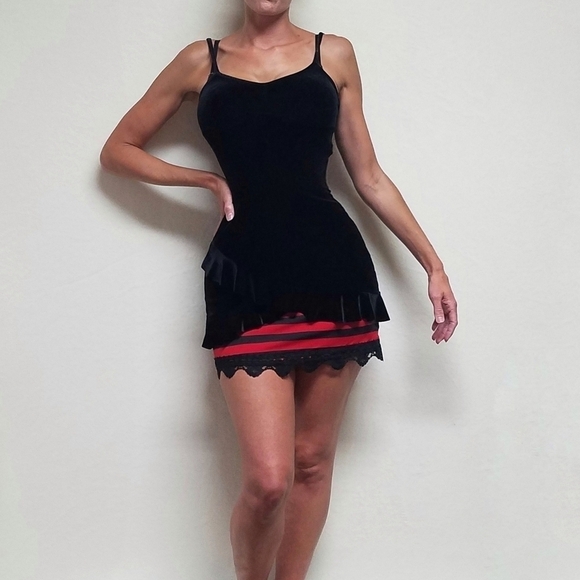 VINTAGE Shirley of Hollywood Black Velvet  Asymmetric Ruffle Mini Lingerie Dress - Picture 2 of 15